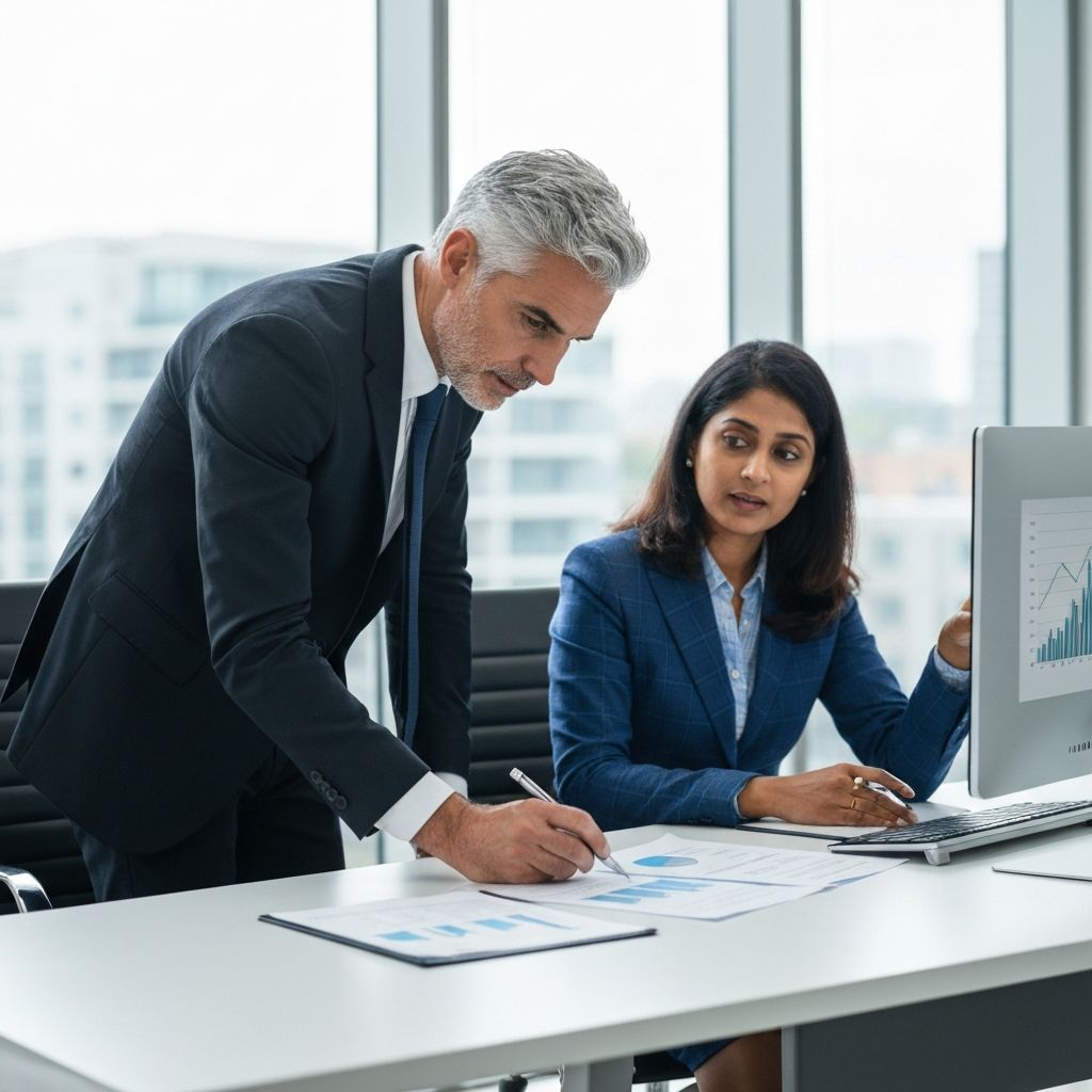 Financial planning consultant reviewing business metrics with company owner